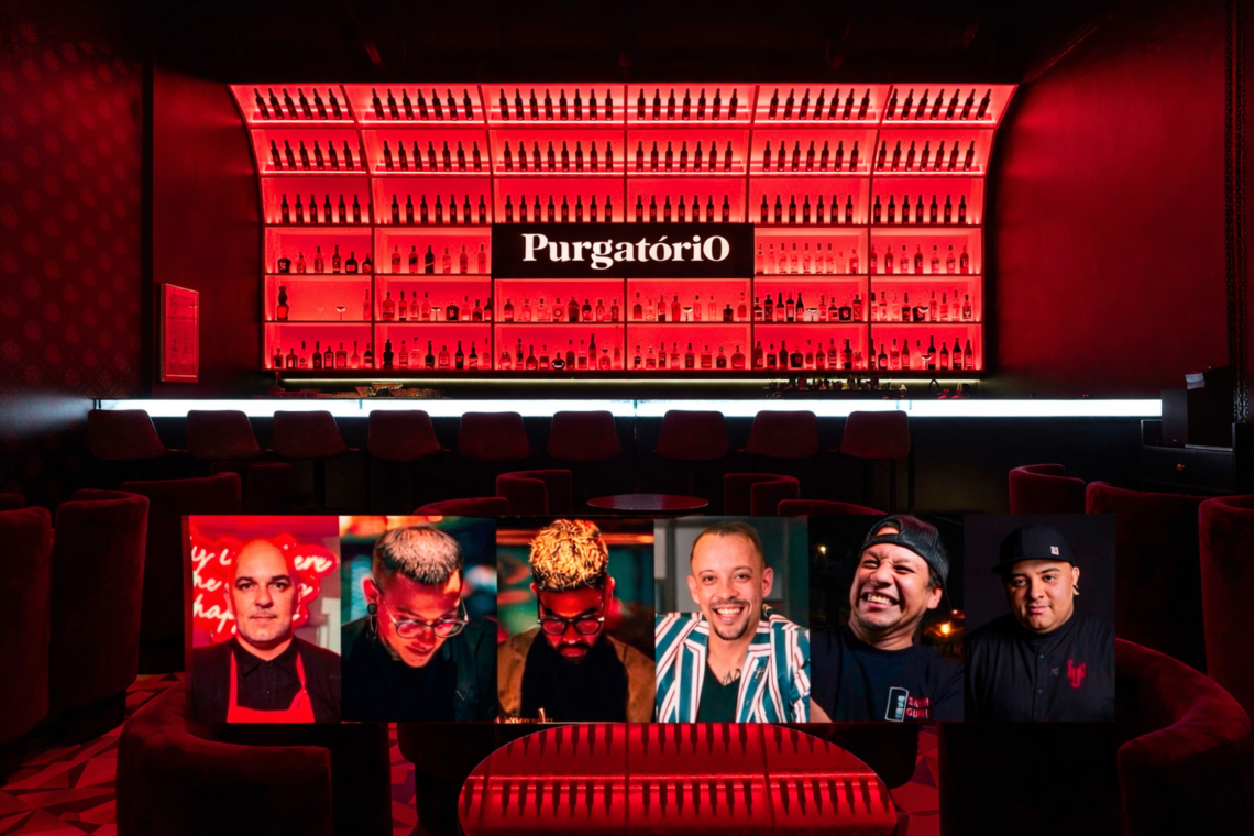 Fachada interna do Purgatório Bar com balcão iluminado e fotos dos bartenders convidados para o evento Guest Bartender 2026.