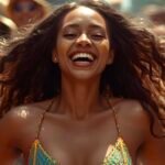 Mulher jovem e sorridente com glitter no rosto curtindo o Carnaval ao ar livre sob o sol.