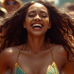 Mulher jovem e sorridente com glitter no rosto curtindo o Carnaval ao ar livre sob o sol.