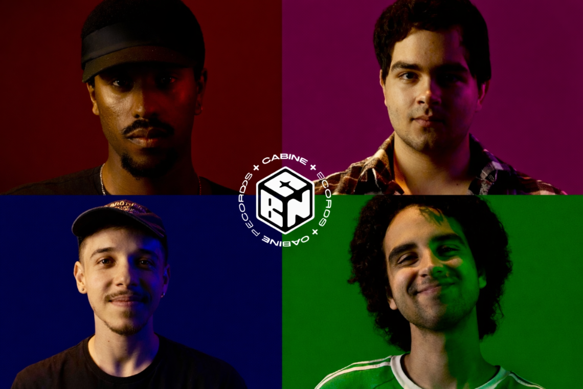 Cabine Records com quatro integrantes em retratos coloridos e logotipo do coletivo ao centro em Salvador