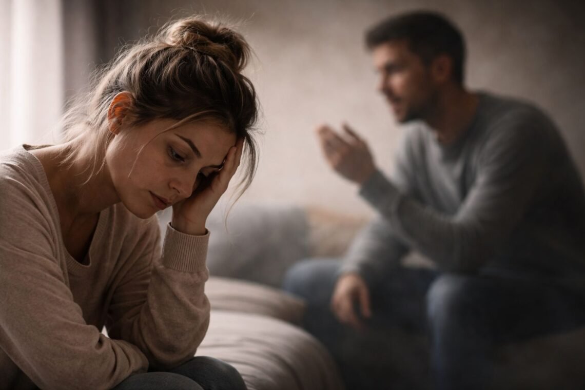 Mulher com expressão triste e pensativa enquanto homem fala ao fundo durante discussão, representando comunicação que invalida e impacto emocional nas relações