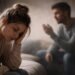 Mulher com expressão triste e pensativa enquanto homem fala ao fundo durante discussão, representando comunicação que invalida e impacto emocional nas relações