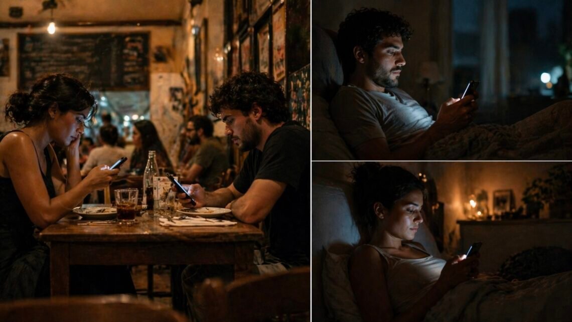 Casal jovem distraído com celulares, ilustrando os desafios dos relacionamentos na era digital.