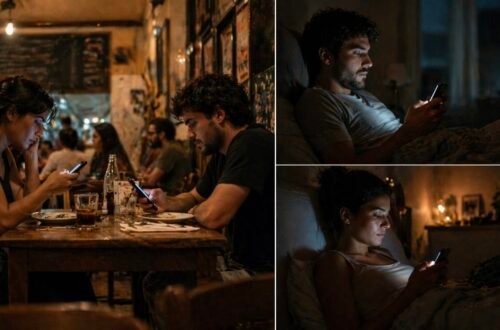 Casal jovem distraído com celulares, ilustrando os desafios dos relacionamentos na era digital.