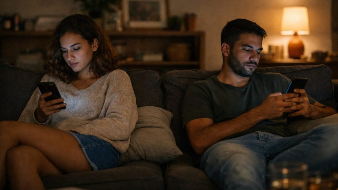 Casal sentado no sofá olhando para o celular, representando distanciamento emocional e relacionamentos líquidos