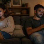 Casal sentado no sofá olhando para o celular, representando distanciamento emocional e relacionamentos líquidos