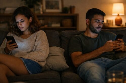 Casal sentado no sofá olhando para o celular, representando distanciamento emocional e relacionamentos líquidos