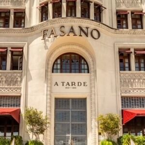 Fachada frontal do Hotel Fasano Salvador com destaque para a inscrição do antigo jornal A Tarde e o portal Art Déco.