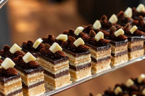 Sobremesas do Brunch by Lindt no Must Restaurant, com doces em camadas de chocolate decorados com ganache e cubos de chocolate branco.