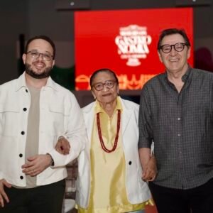 Licia Fabio, Ronaldo Jacobina e Paulo Neto durante o lançamento do Prêmio Melhores da Gastronomia 2026, na CASACOR Bahia.