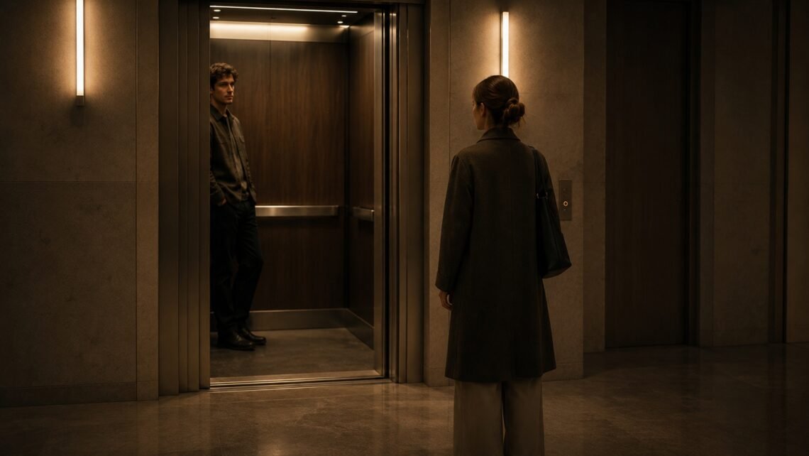 Homem e mulher diante de um elevador simbolizam a distância emocional e a dificuldade de demonstrar interesse nos relacionamentos modernos.