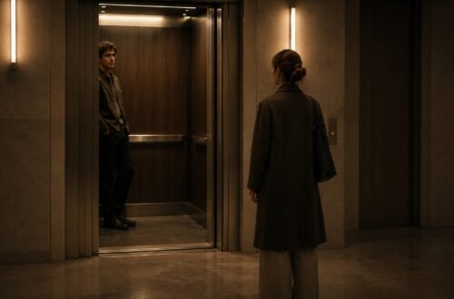 Homem e mulher diante de um elevador simbolizam a distância emocional e a dificuldade de demonstrar interesse nos relacionamentos modernos.
