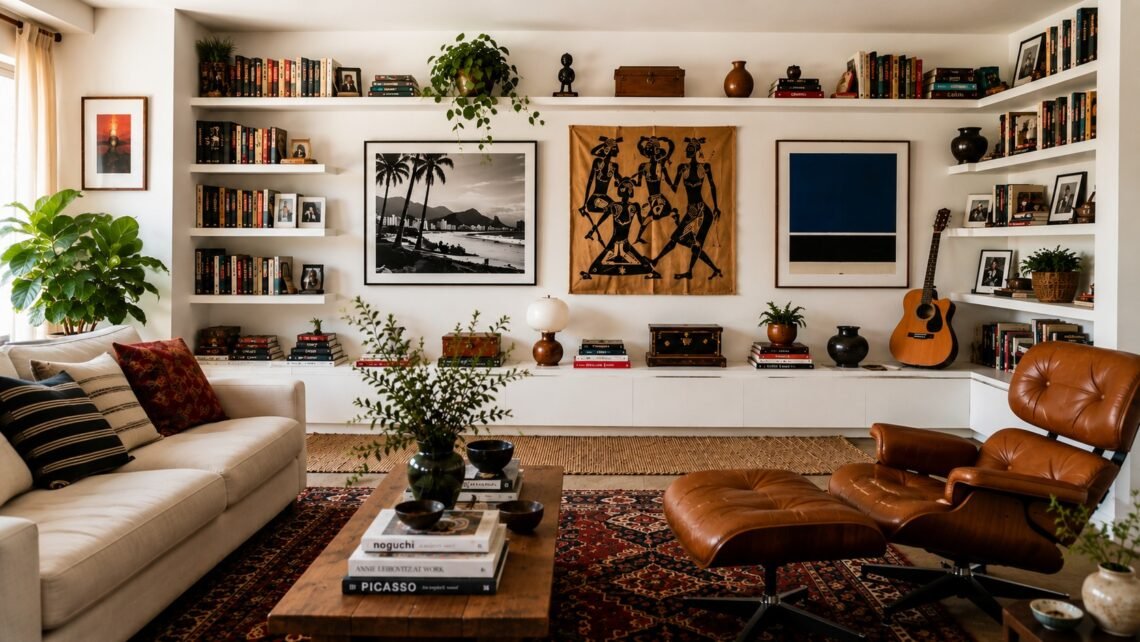 Casa com personalidade reúne livros, obras de arte, plantas, móveis de diferentes estilos e objetos pessoais na decoração.