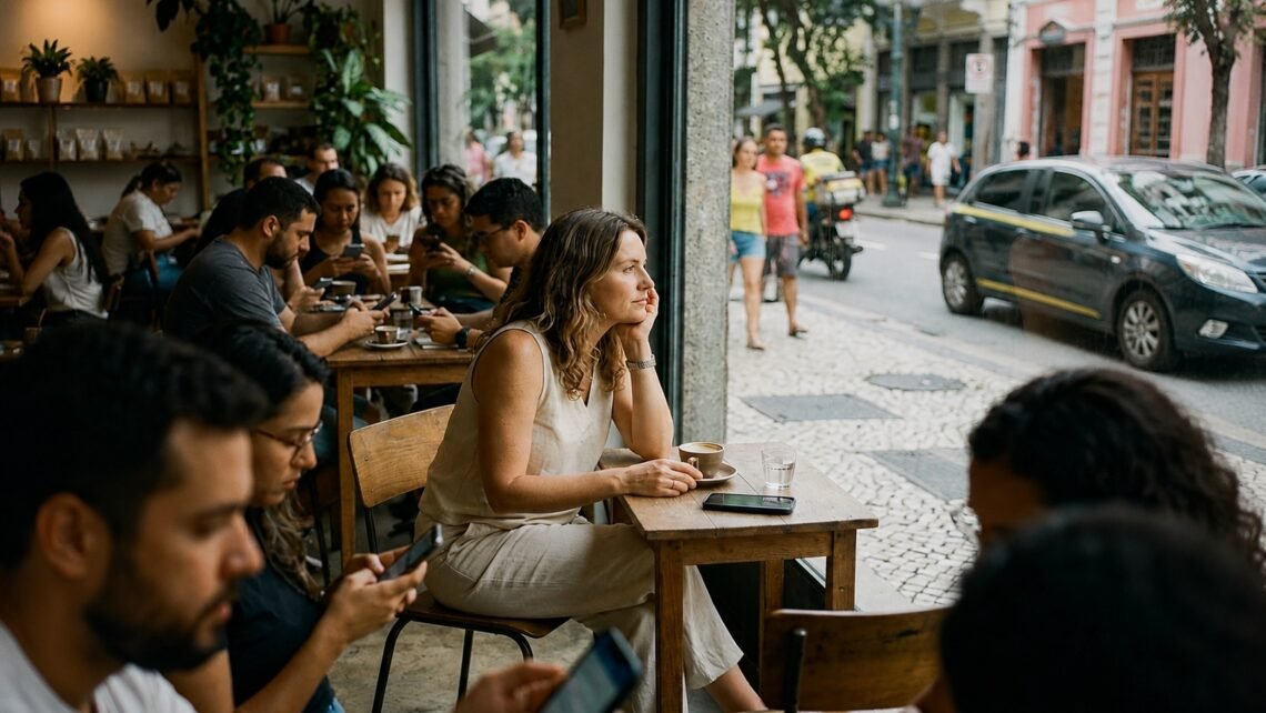 Mulher observa a rua em um café enquanto outras pessoas usam o celular