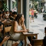 Mulher observa a rua em um café enquanto outras pessoas usam o celular