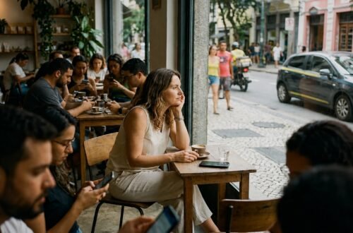 Mulher observa a rua em um café enquanto outras pessoas usam o celular