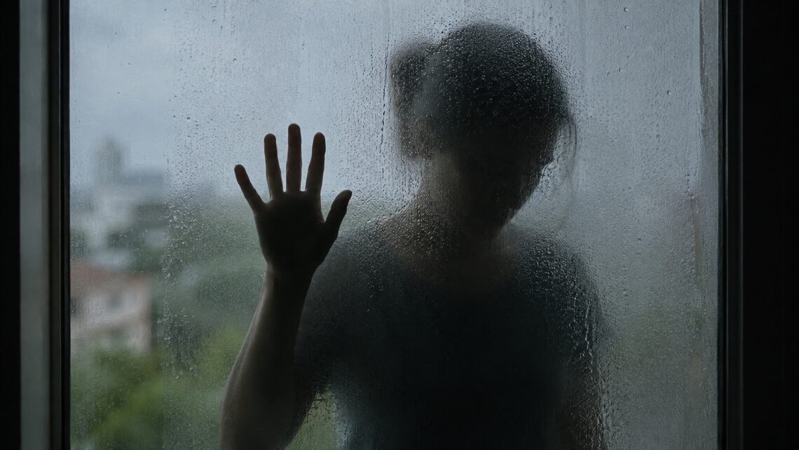 Silhueta de uma mulher atrás de um vidro molhado representa a violência doméstica no contexto dos 20 anos da Lei Maria da Penha.