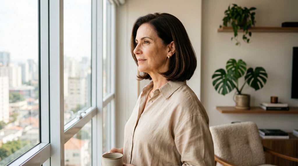 Mulher madura em momento de tranquilidade ilustra a importância do equilíbrio entre corpo, mente e estilo de vida.