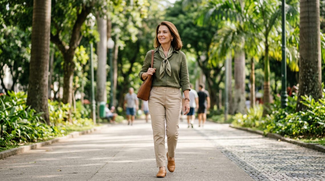 Mulher madura caminhando ao ar livre representa envelhecer com naturalidade e cuidar da saúde ao longo dos anos.
