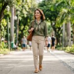 Mulher madura caminhando ao ar livre representa envelhecer com naturalidade e cuidar da saúde ao longo dos anos.