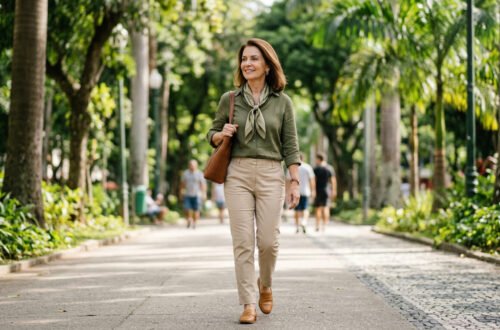Mulher madura caminhando ao ar livre representa envelhecer com naturalidade e cuidar da saúde ao longo dos anos.