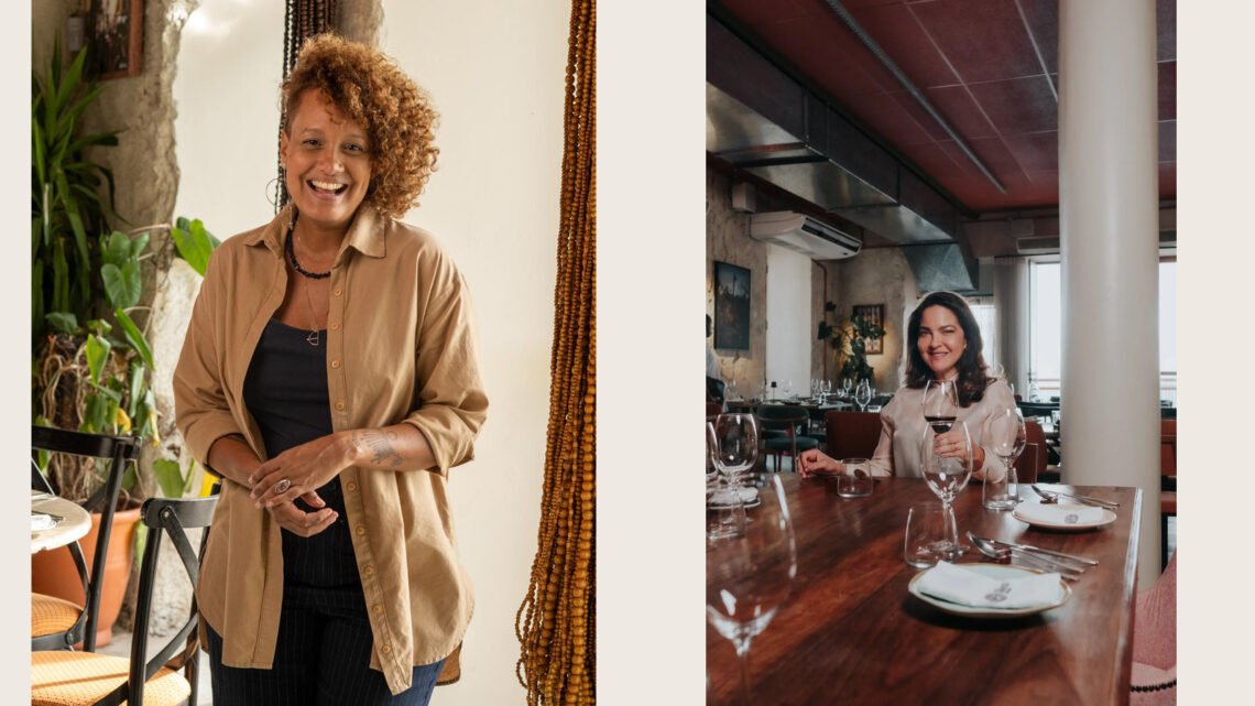 arol Souzah e Luciana Mastique em montagem de fotos para a ConfraDelas no Silva Cozinha. Carol está à esquerda; Luciana, à direita, segura uma taça de vinho.