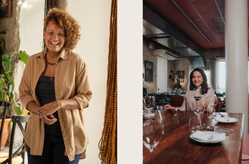 arol Souzah e Luciana Mastique em montagem de fotos para a ConfraDelas no Silva Cozinha. Carol está à esquerda; Luciana, à direita, segura uma taça de vinho.