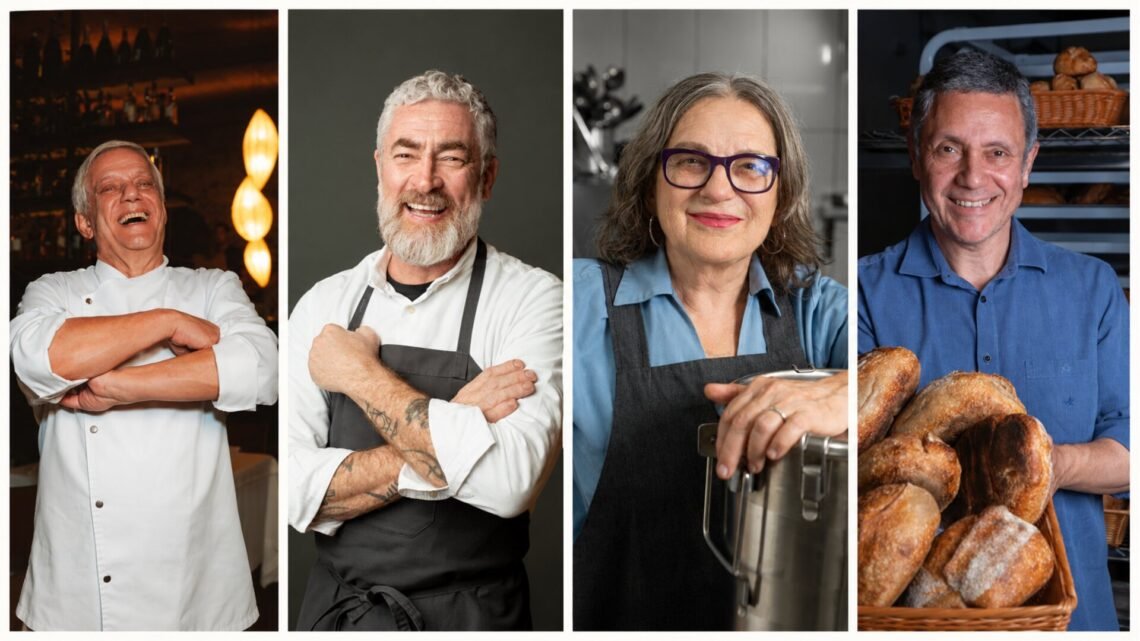 Montagem de retratos de Edinho Engel, Alex Atala, Mara Salles e Luiz Américo Camargo para matéria sobre os 20 anos do Laboratório de Cozinha Brasileira.