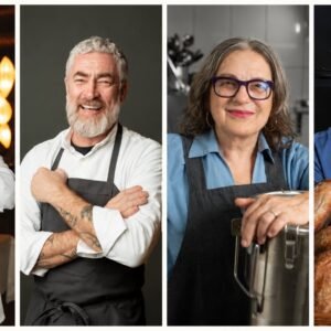 Montagem de retratos de Edinho Engel, Alex Atala, Mara Salles e Luiz Américo Camargo para matéria sobre os 20 anos do Laboratório de Cozinha Brasileira.