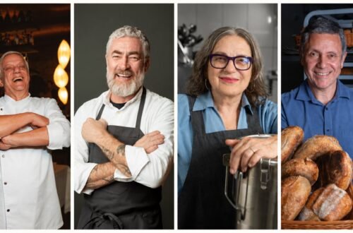 Montagem de retratos de Edinho Engel, Alex Atala, Mara Salles e Luiz Américo Camargo para matéria sobre os 20 anos do Laboratório de Cozinha Brasileira.