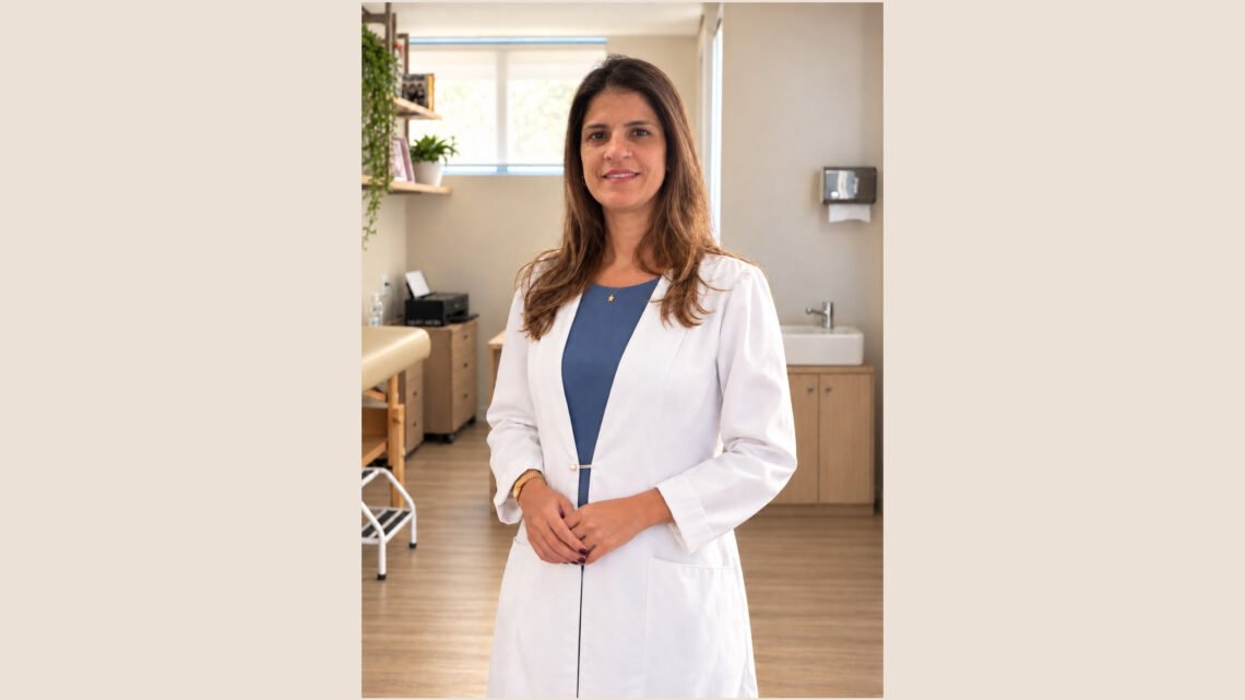 Fisioterapeuta pélvica Priscila Barreto em consultório; ela orienta mulheres sobre escape de urina durante o exercício.