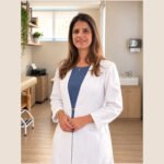 Fisioterapeuta pélvica Priscila Barreto em consultório; ela orienta mulheres sobre escape de urina durante o exercício.