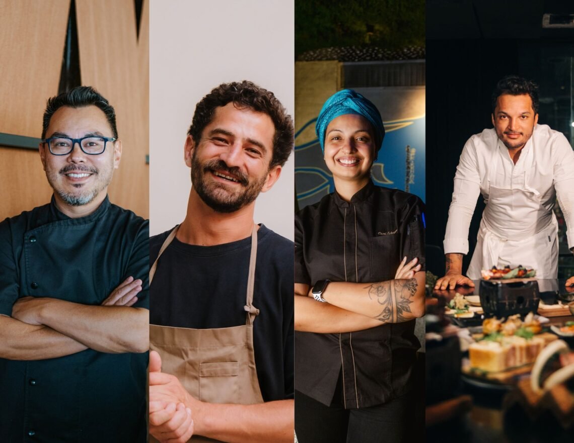 Montagem com retratos dos quatro chefs participantes da Cerimônia Kaitai Bluefin no Soho Marina.
