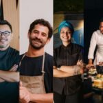 Montagem com retratos dos quatro chefs participantes da Cerimônia Kaitai Bluefin no Soho Marina.