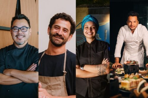 Montagem com retratos dos quatro chefs participantes da Cerimônia Kaitai Bluefin no Soho Marina.