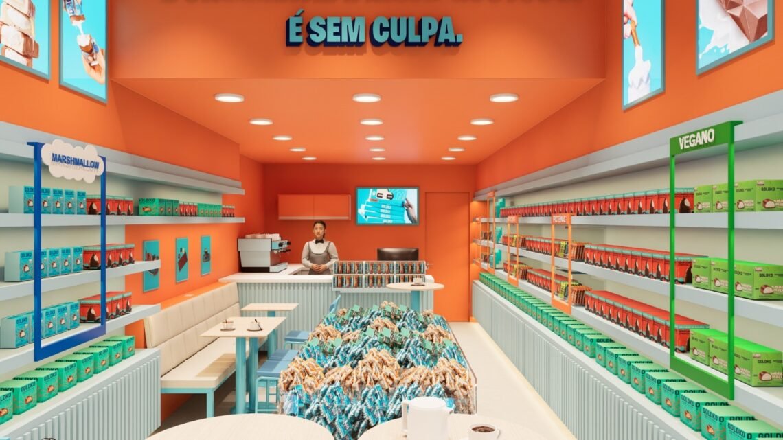 Projeto da primeira loja da GoldKo na Bahia, com prateleiras de chocolates, mesas e balcão de cafeteria.