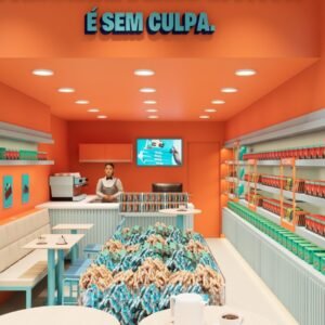 Projeto da primeira loja da GoldKo na Bahia, com prateleiras de chocolates, mesas e balcão de cafeteria.