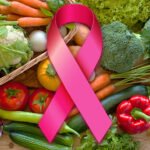 Laço rosa sobre legumes e verduras ilustra o tema alimentação e câncer de mama.
